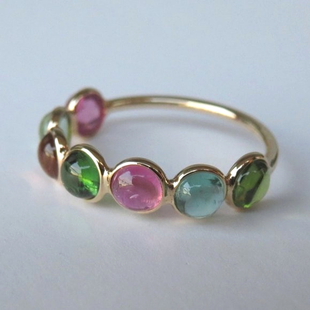 Natural Multi-Color Tourmalines In 14K Yellow Gold Band Ring Sz 6.75